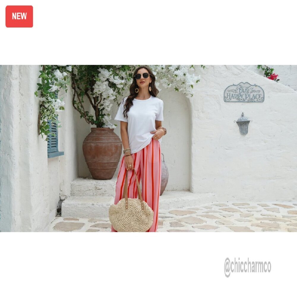 Wide Leg Palazzo Pants with Pockets Drawstring Elastic Waist Flowy Trousers - Picture 8 of 8